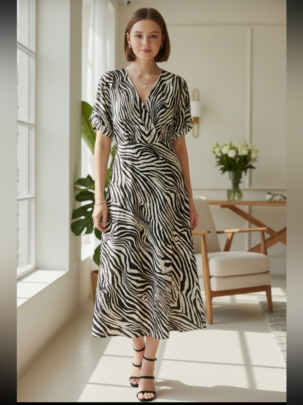 Gilli Black & White Zebra Faux Wrap Midi Dress